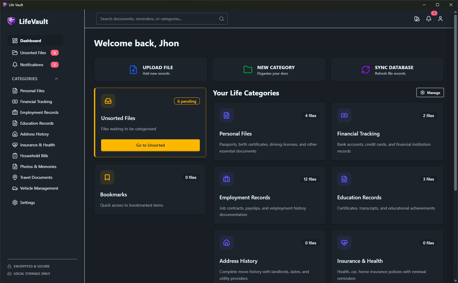 LifeVault Main Dashboard