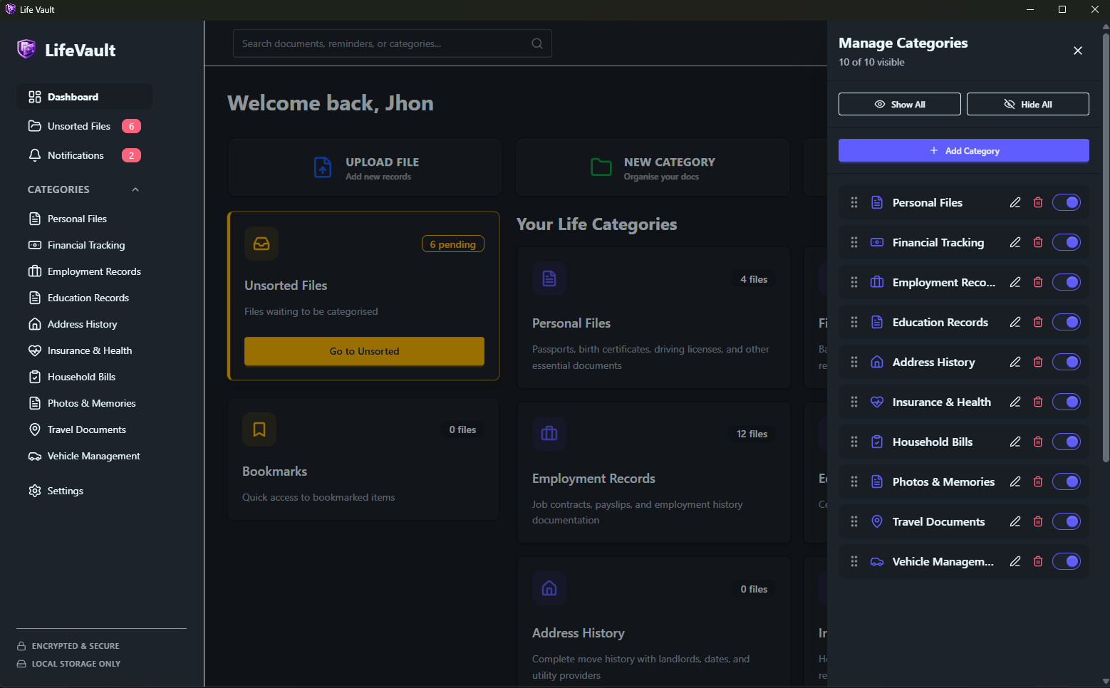 LifeVault Category Management